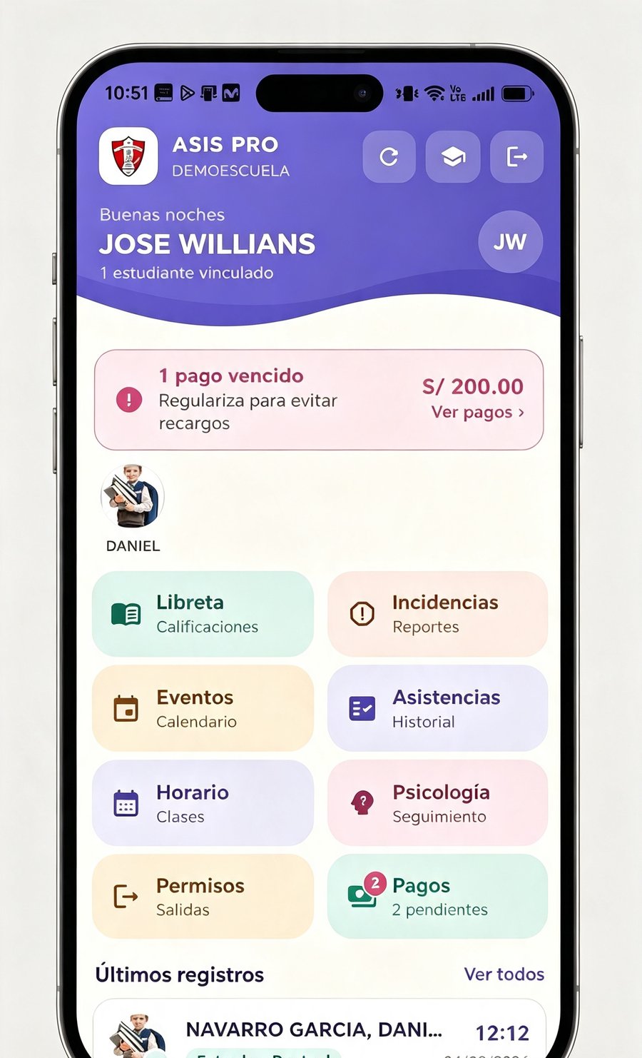 Pantalla de inicio de la app ASIS LITE para apoderados