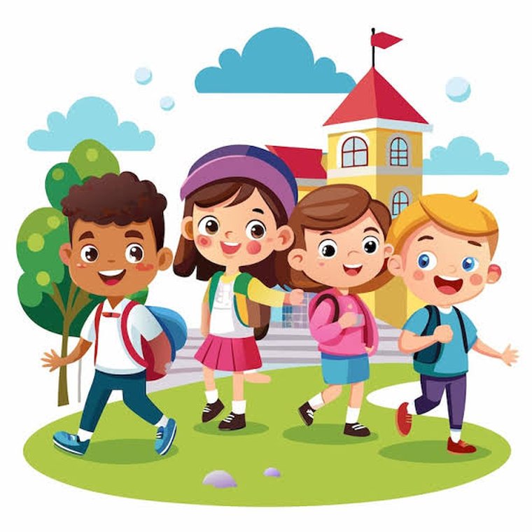 Estudiantes felices camino al colegio